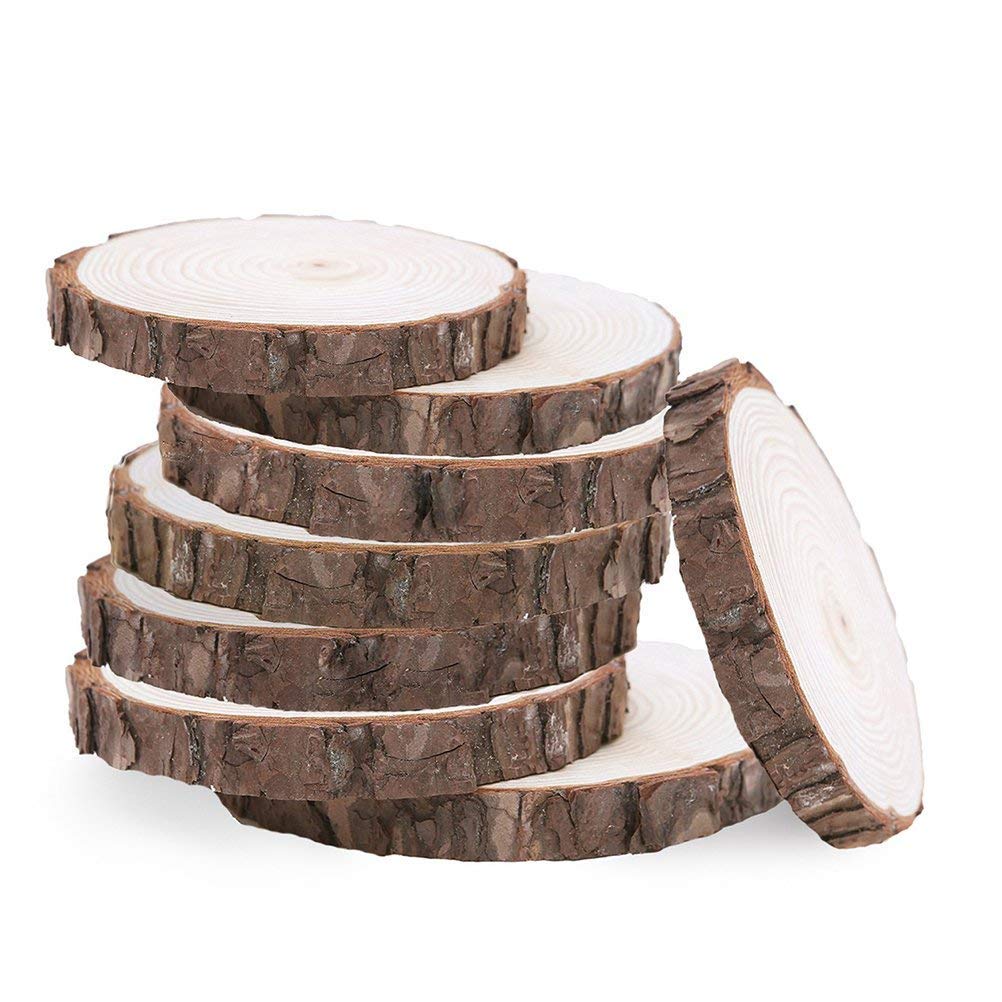 Natural Pine Wood Slabs Untreated 5-6 inches Diameter x 3/5" Thick Large 8 Pieces Solid Wood Slices for Weddings, Table Centerpieces, DIY Projects or Decoration