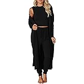 KIRUNDO 3 Piece Lounge Sets for Women Airport Travel Vacation Outfits Spring Cardigan Matching Sleeveless Top Jogger Pants
