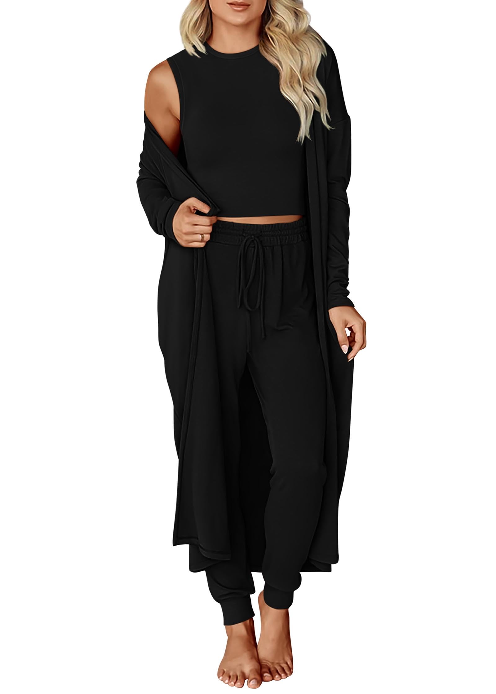 Photo 1 of KIRUNDO 3 Piece Lounge Sets for Women Airplane Travel Outfits 2025 Fall Cardigan Sleeveless Top Pants Sets Matching Clothing(Black, Large)