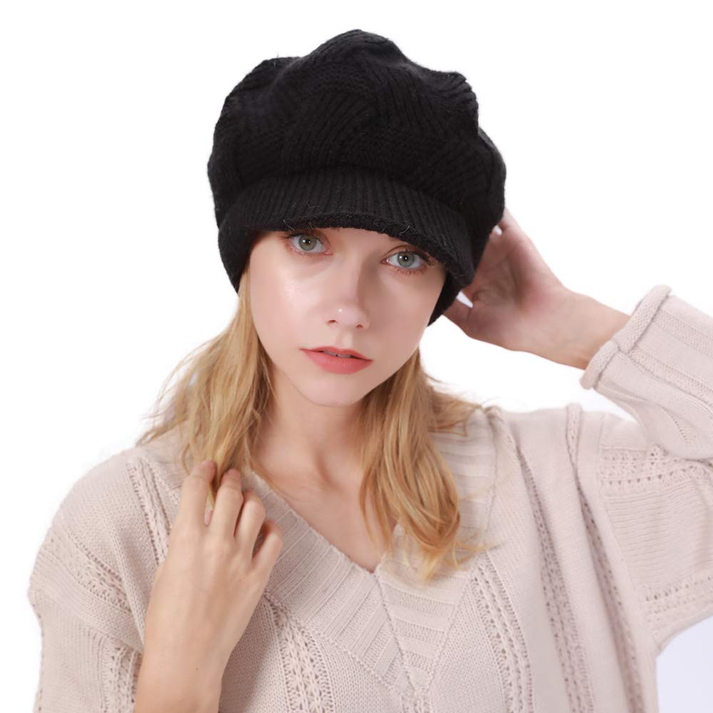 ToVii Womens Winter Beanie Hat with Visor Cable Knit Newsboy Cap Soft Fleece Lined Beret Skull Cap for Lady Black