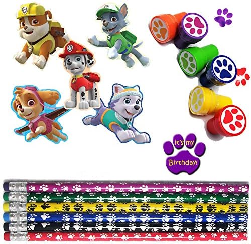 Puppy Paw Birthday Party Favors for 12 (12 Paw Print Pencils, 12 Paw Print Stampers, 48 Paw Patrol Shape Stickers, and a Paw Print Birthday Sticker)