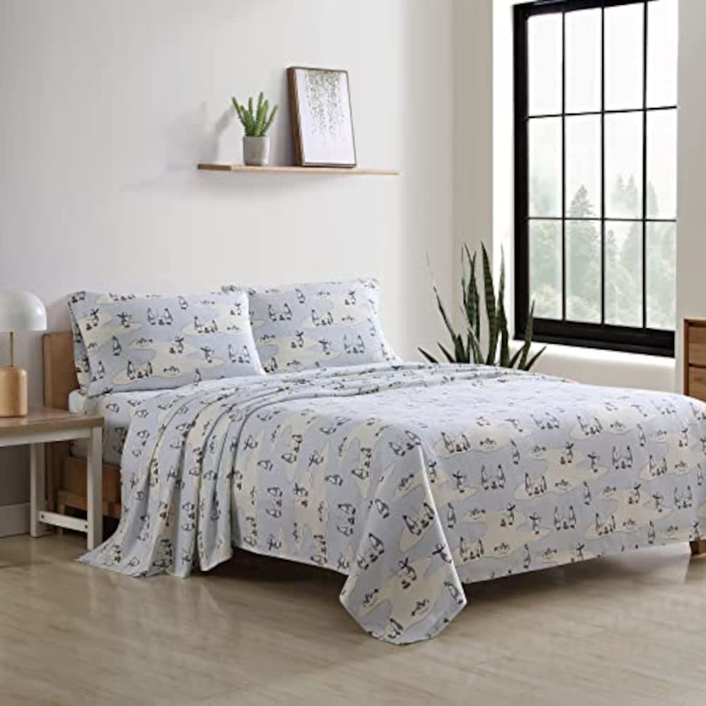 Eddie Bauer - Flannel Sheets Full Size, Anti-Pilling & Wrinkle Resistant Cotton, Bed Sheets with Matching Pillowcases & Fitted Sheet (Skating Penguin Light Blue) Image