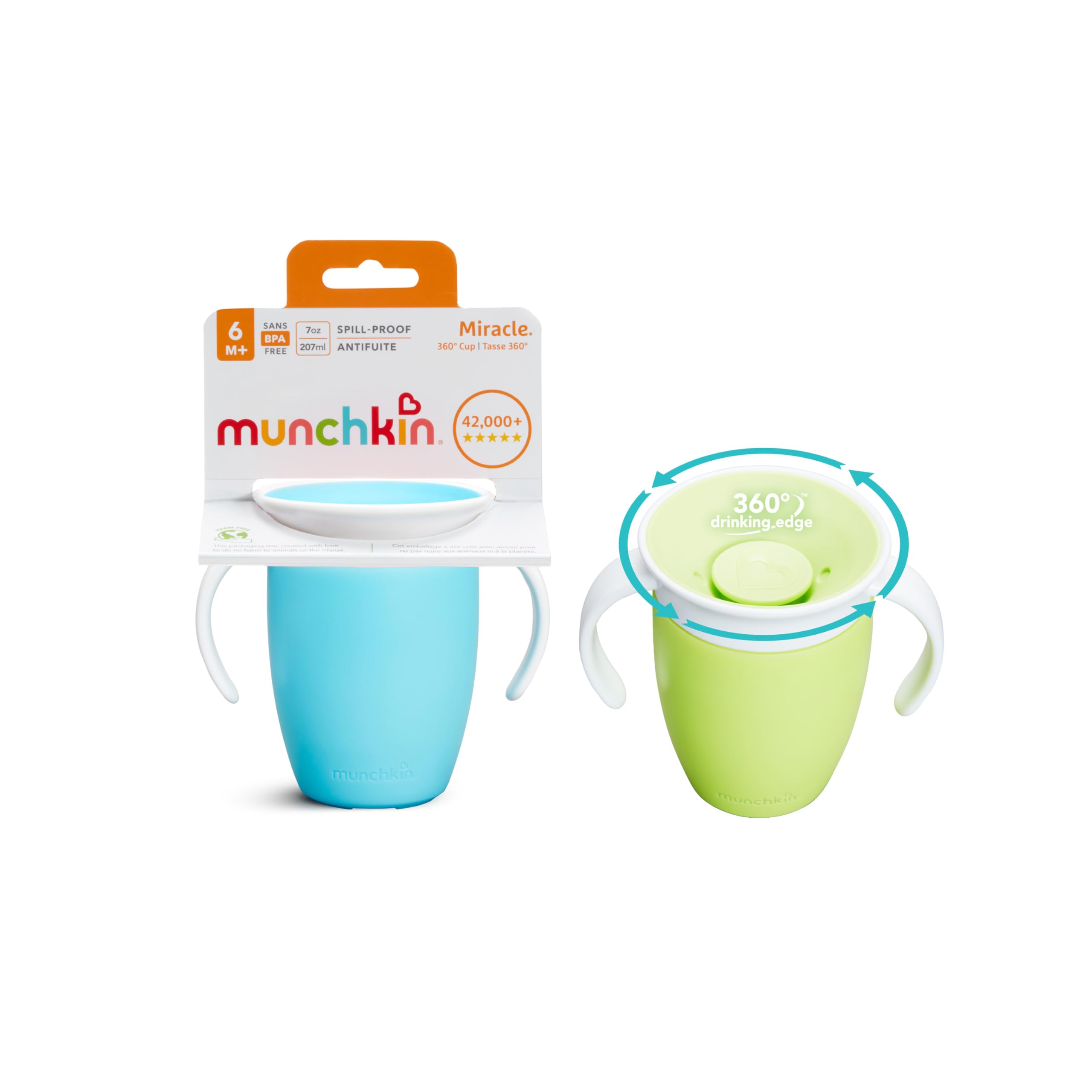 Munchkin Miracle 360 Sippy Cup | Trainer Toddler BPA Free Baby & Toddler Cups w.Handles | Non Spill | Dishwasher Safe Baby | Leakproof | 6+ Months| 7oz/207ml | 2 Pack | Blue/Green