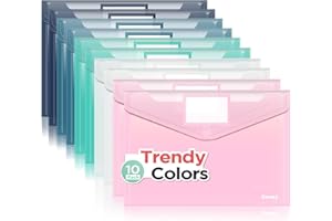 Sooez 10Pack Plastic Envelopes, Plastic File Folders, Clear Folders for Documents Trendy Colors, Super Heavyweight Document Holders, Storage Pouches, File Envelopes for School Office Supplies