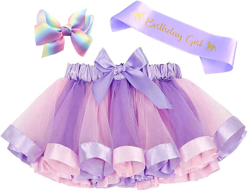 Toycost Layered Rainbow Tutu Skirt Costumes Set with Hair Bows Clips and Satin Sash for Girls Birthday Party Dress up (Purple Rainbow, L,4t~8t)