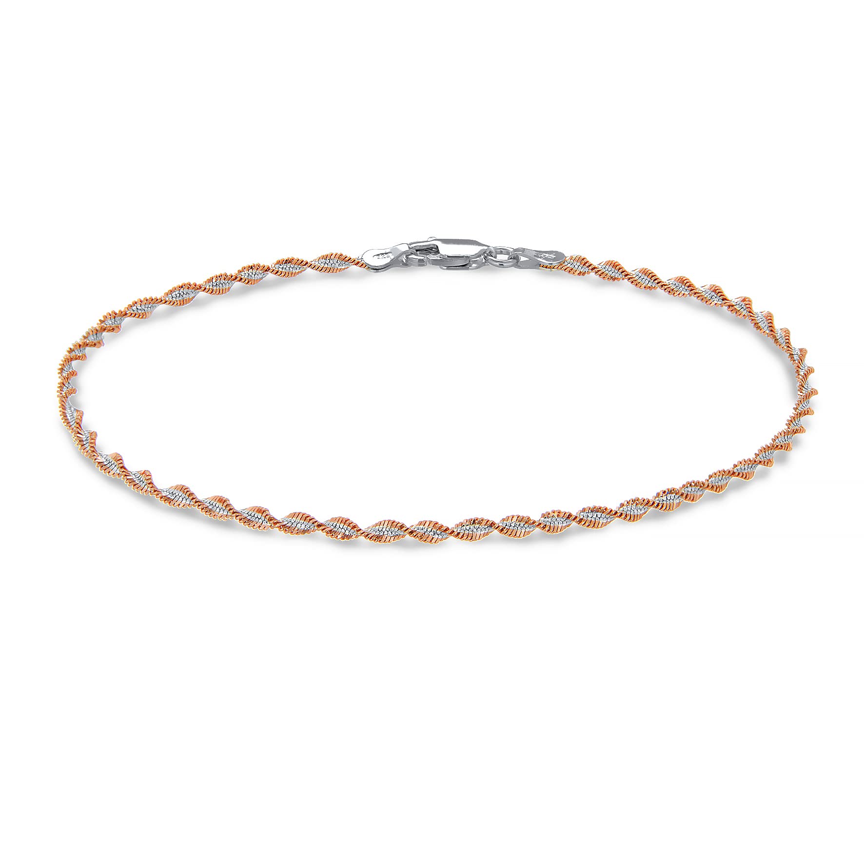 Tuscany Silver Women's Sterling Silver 2.4 mm Two-Tone Rose and White Gold Twisted Herringbone Chain Bracelet of Length 19 cm/7.5 Inch