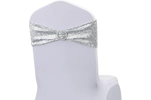 JKDMJF Pack of 50 Sequin Silver Chair Sashes for Wedding Decor, Glitter Chairs Bands with Buckles for Party Bridal Shower Anniversary Christmas Events Decorations, Glitter Silver Chair Bows