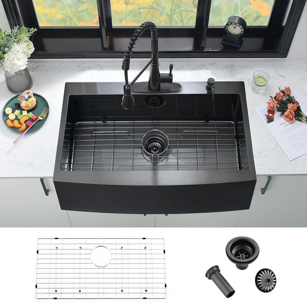 Photo 1 of ***STOCK FOR REFERENCE***

33 Inch Drop In Farmhouse Sink Black-iAnomla 33x22 Drop In Farmhouse Sink Matte Black Stainless Steel Apron Front Farmhouse Kitchen Sink 16 Gauge Deep Single Bowl Kitchen Farm Sink with Accessories
