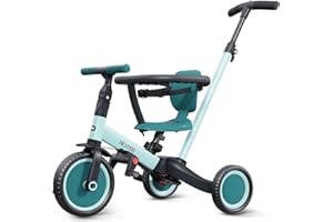 newyoo TR008 Toddler Push Tricycle, Toddler Bike for 1-3 Years Olds, Birthday Gift for Boys and Girls, 5 in 1 Balance Bike with Handle, Kids Trike with Safe Bar, Green