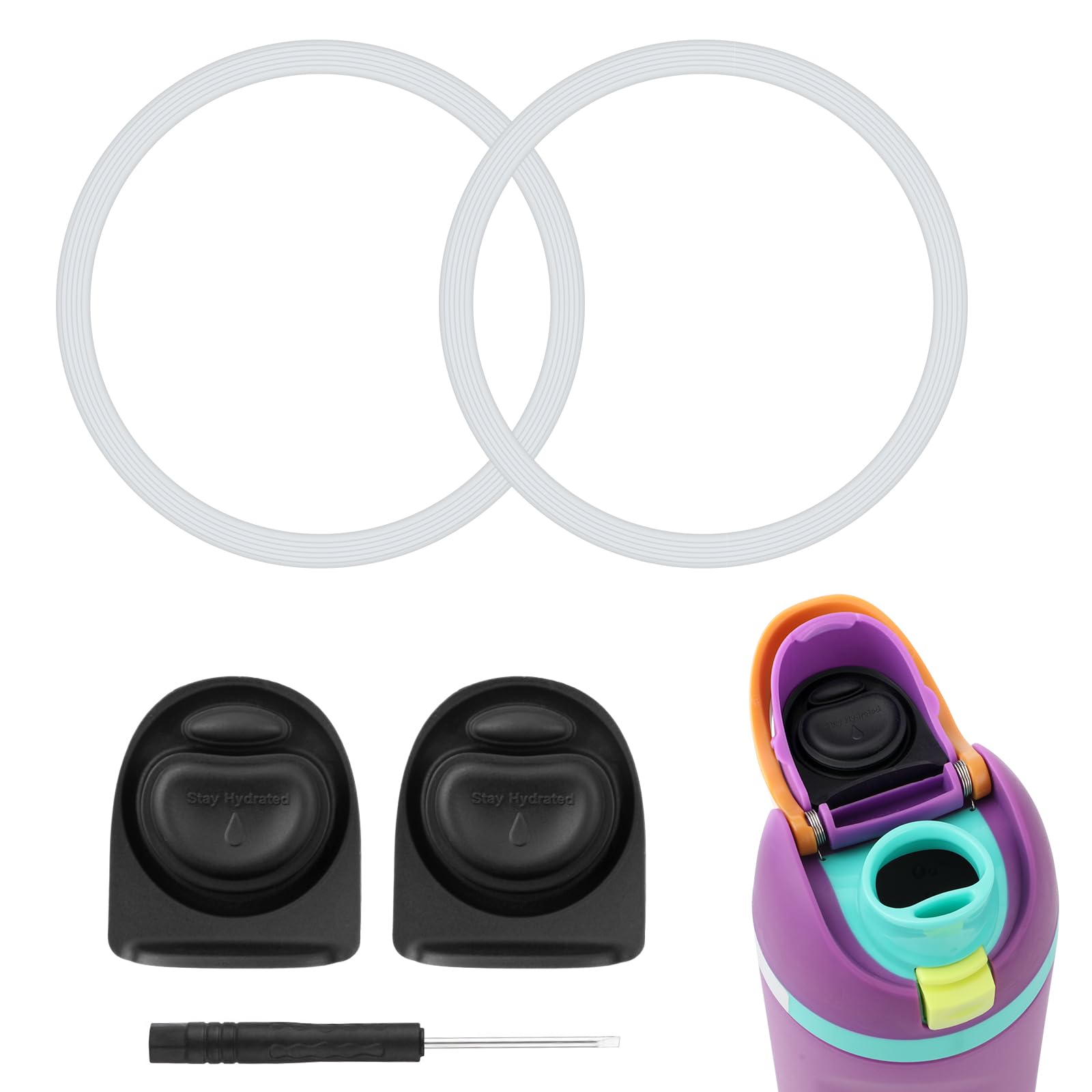 Photo 1 of 2pcs Rubber Bottle O Seal Ring & 2pcs Replacement Stopper for Owala FreeSip 24oz 32oz, BPA-Free Silicone Water Bottle Top Lid Mouth Parts for Owala 16/19/24/32/40oz Cap Gasket Plug Accessories(Black)