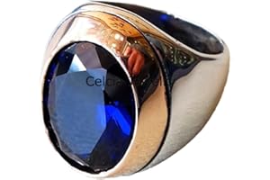 Blue Sapphire Synthetic Gemstone Oval Ring, Solid 925 Sterling Silver Jewelry, Identical To Genuine Gem Mens Signet Ring, Sta