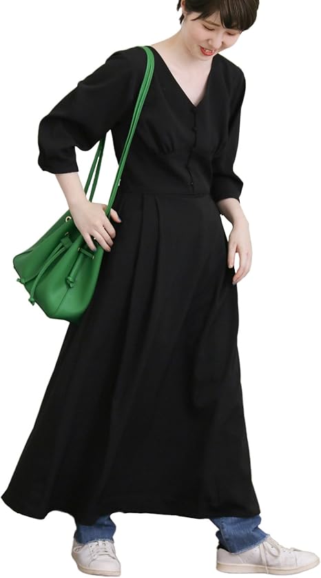 Amazon Co Jp ケービーエフ ワンピース ドレス Kbf ウエストマークヴィンテージライクワンピース レディース Black One 服 ファッション小物