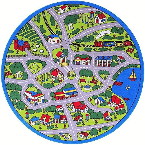 Kids / Baby Room / Daycare / Classroom / Playroom Area Rug. Roads. Town. City. Race Car Tracks. Educational. Fun. Non-Slip Gel Back. Bright Colorful Vibrant Colors (8 Feet X 8 Feet Round)