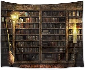 HVEST Magical Castle Tapestry Books on Bookshelf with Witch's Broom Wall Hanging Vintage Library Tapestries for Bedroom Living Room Dorm Decor,80Wx60H inches
