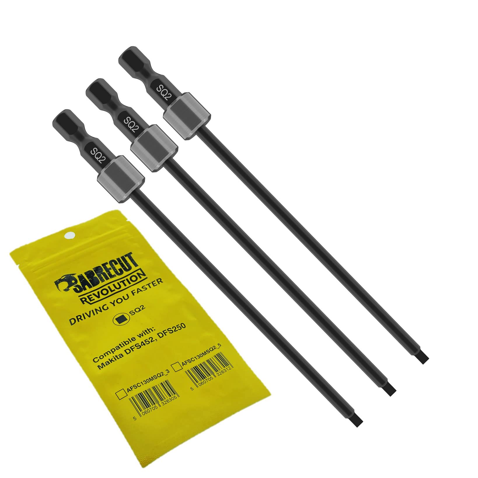 3 x SabreCut AFSC130MSQ2_3 130mm SQ2 for Makita DFS250 DFS452 199155-7 Autofeed Collated Drywall Screwdriver Gun Bit Single Ended Square Heavy Duty