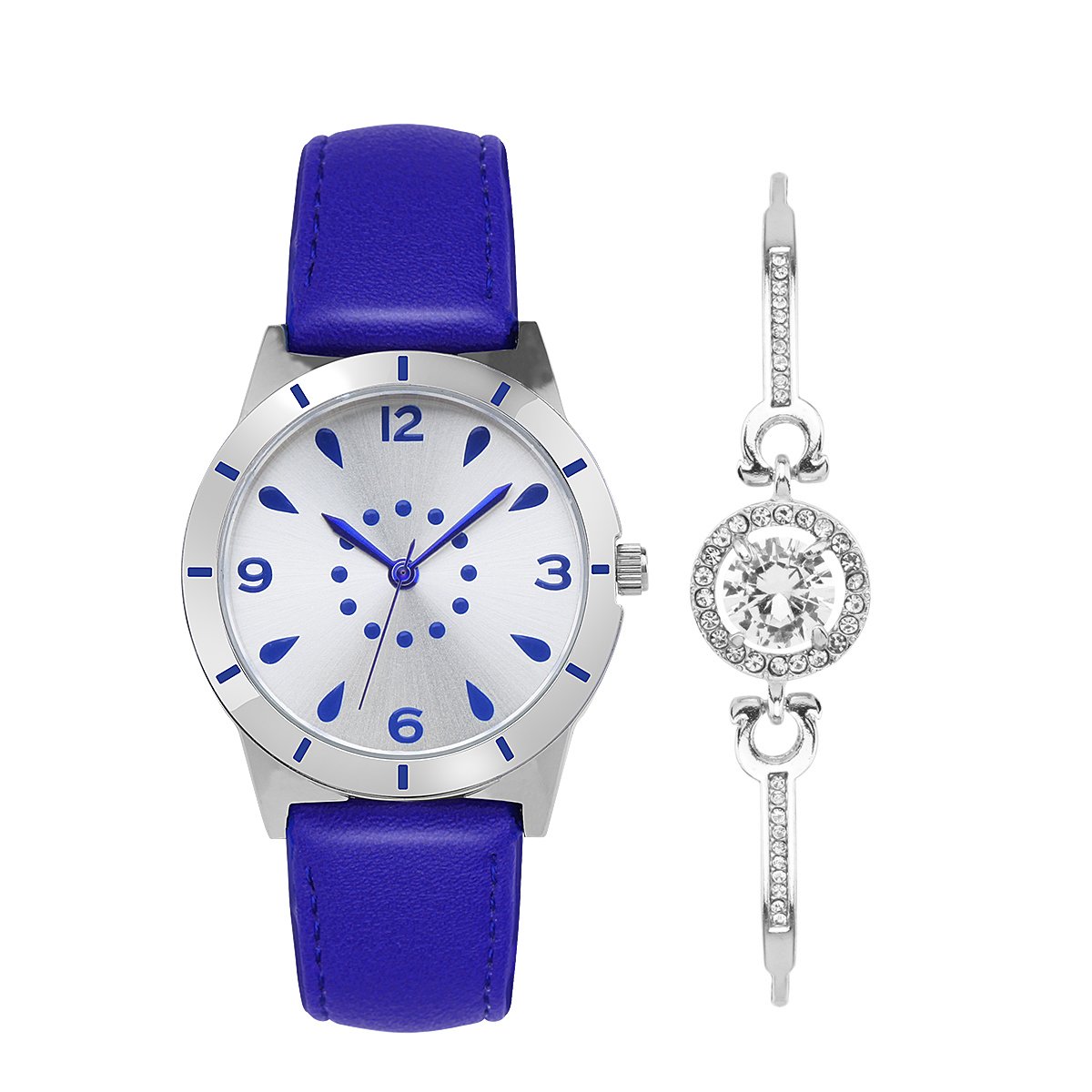 Abrray Quartz Watch Women Drop-shaped Blue Watch Zinc Alloy Case with Crystal Zircon Gem Rhinestone Chain Bracelet