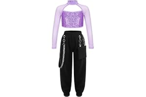 Sinleey Kids Girls 2Pcs Dance Tracksuit Shiny Crop Top with Cargo Pants Outfits for Hip Hop Sports Dancewear