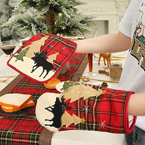Homecube Christmas Cute Heat Resistant Oven Mitts and Pot Holders Set- Plaid Cotton Christmas Trees & Reindeer Hot Pads for Cooking and Baking Grilling Christmas Style