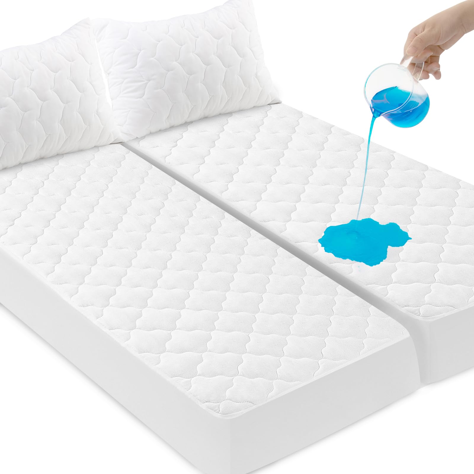 Split King Mattress Protector Pad Waterproof Quilted, Breathable & Cooling Split King Mattress Cover Fitted for Adjustable Bed with Deep Pocket Up to 14", (White) Image