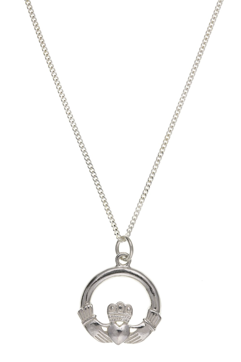 Designer Inspirations Boutique Irish Celtic Claddagh Pendant Necklace On 16" Inch Curb Chain - 925 Sterling Silver