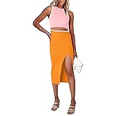 PRETTYGARDEN Women's Summer Midi Bodycon Dresses Casual Crew Neck Side Slit Sleeveless Knit Cut Out Tank Top Dress
