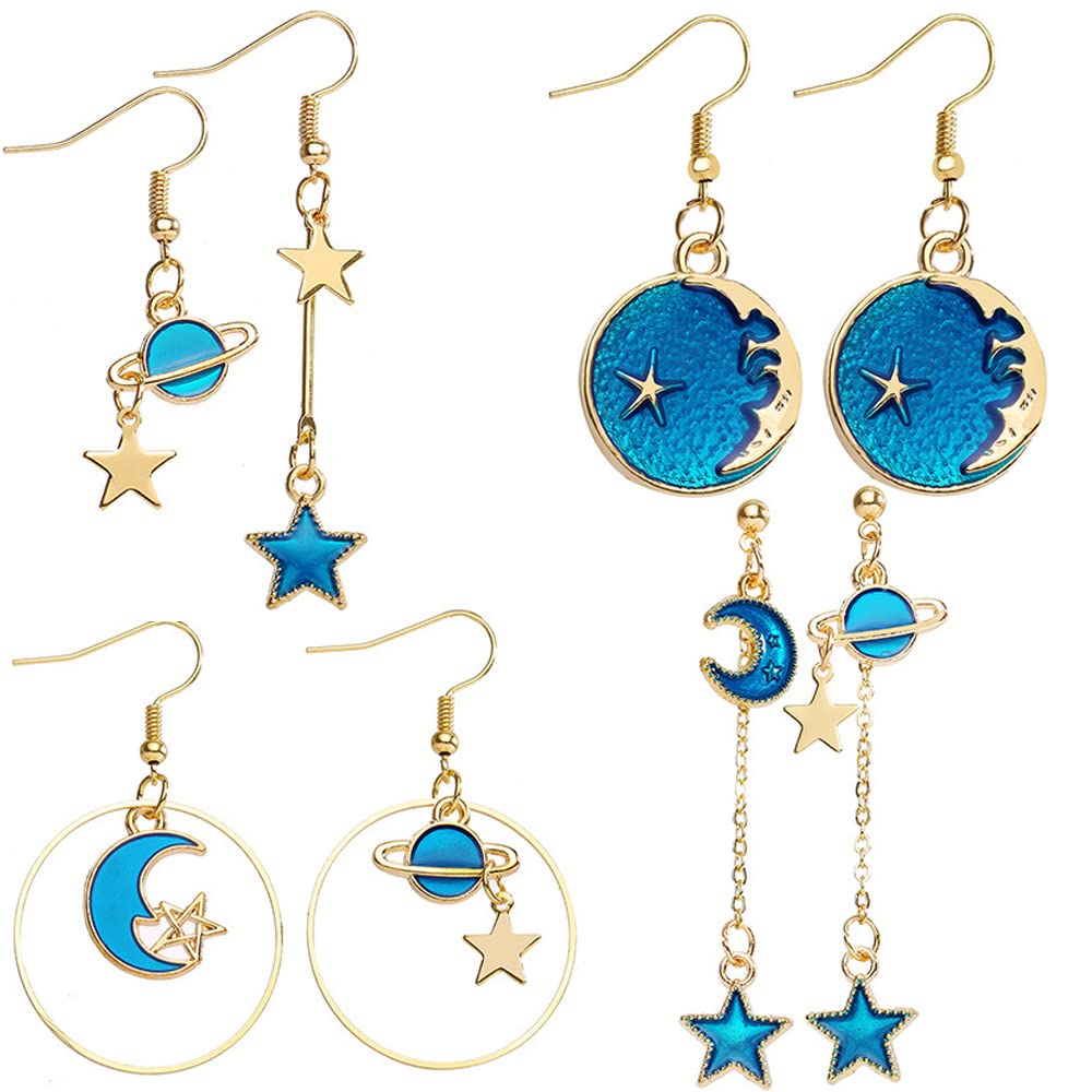 Gibsob Pendant Hook Dangle Stud Earrings, 4 Pairs Women's Asymmetric Women Drop Moon Star Earth Planet Earrings for Woman Mum Mother Girls Friends