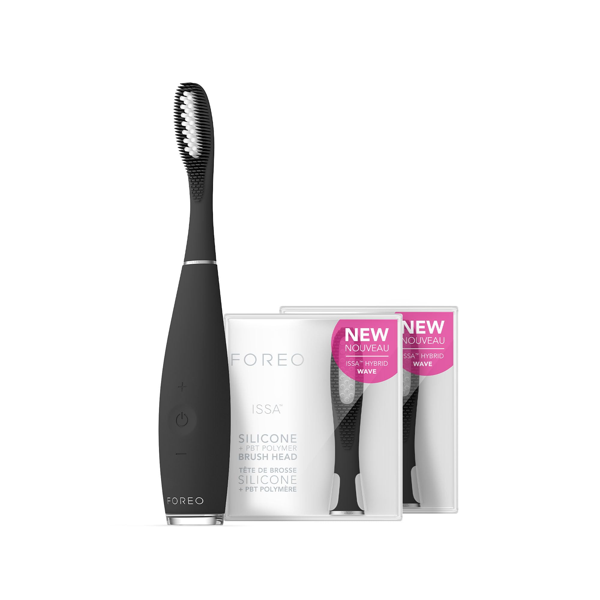 FOREO ISSA 3 Bundle – Ultra-Hygienic 4-in-1 Silicone Sonic Electric Toothbrush + 2 x ISSA Hybrid Wave Brush Head – White Teeth, Clean Gums, Cheeks & Tongue, Soft Toothbrush – Black