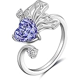 Butterfly Heart Birthstone Ring - 925 Sterling Silver Rose Cut Cubic Zirconia Adjustable Butterfly Ring Anniversary Engagement Promise Ring Birthday Jewelry Gift for Women Wife Mom Daughter