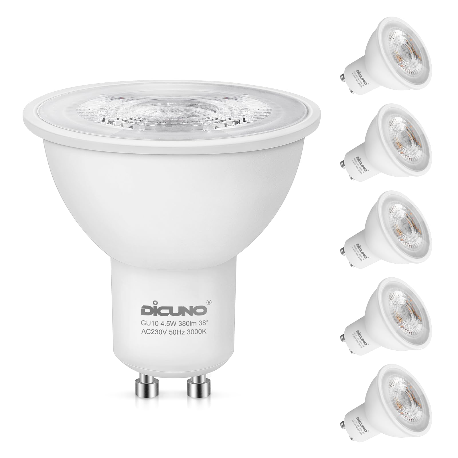 DiCUNO GU10 LED Bulbs Warm White 3000K, 4.5W 380LM Energy Saving GU10 LED Light Bulbs, 40W Halogen Spotlight Equivalent, Non-dimmable for Home Lighting Decor, 38° Beam Angle, 6 Pcs