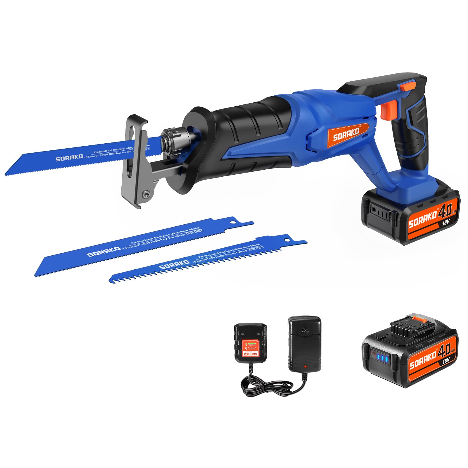 SORAKO Reciprocating Saw, 0-3000SPM Variable Speed Electric Saw with 4.0Ah Capacity, 2 PCS Saw Blades, 20mm Stroke Length, Ideal for PVC and Metal Cutting