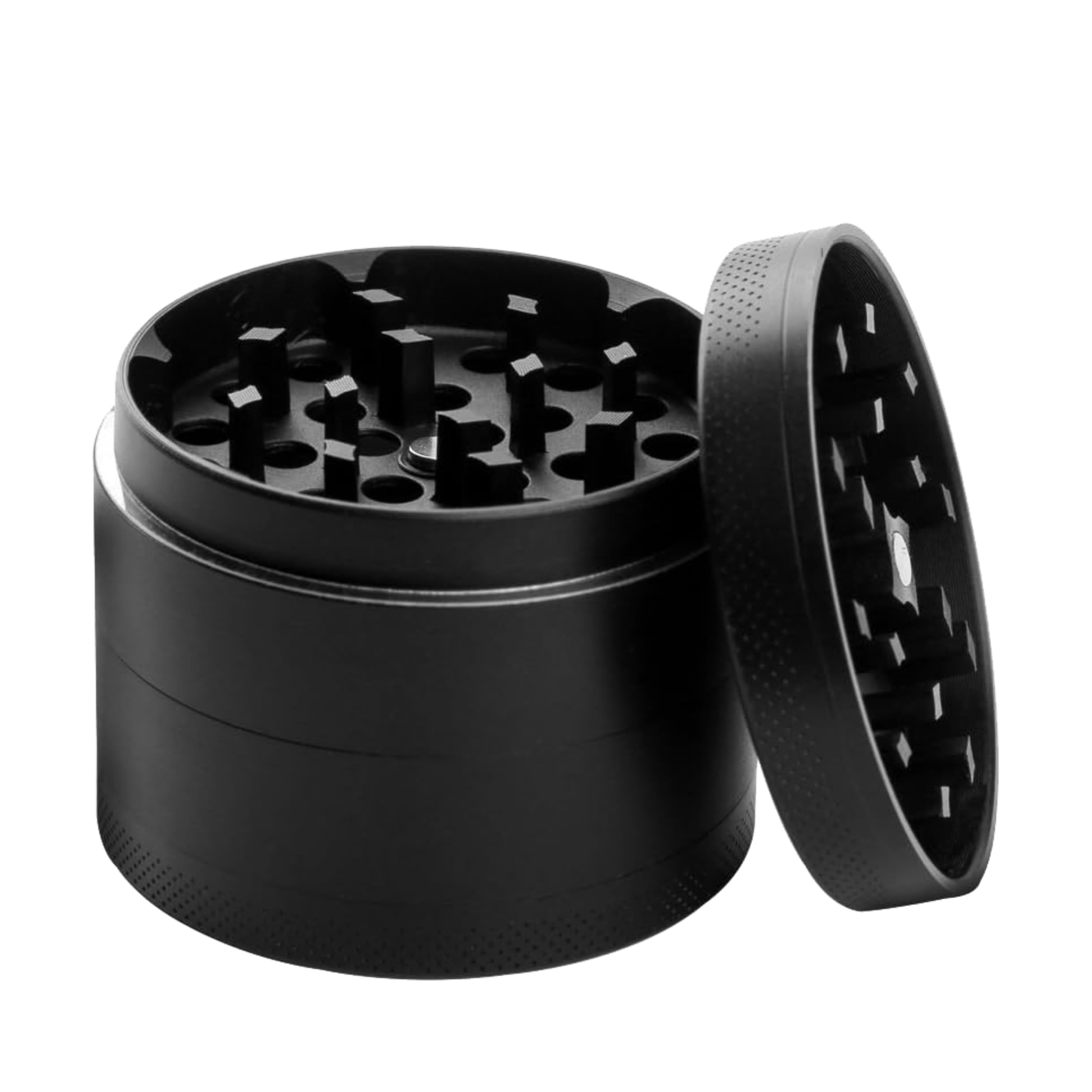 Glamified Herb Grinder Zinc Alloy - 4 Layer Easy to Grip Metal Grinder for Smooth Grinding with Scraper, Magnetic Lid, Pollen Catcher and Mesh Filter (Black 50mm)