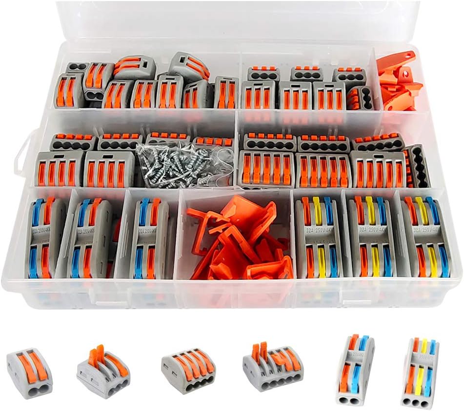 UOHGDPY 62 PCS Lever Wire Nut connectors 28-12 AWG and 20 PCS Mounting Clips Series and Parallel Kit Wire Compact Connectors Assortment with 20 PCS Self Tapping Screw.