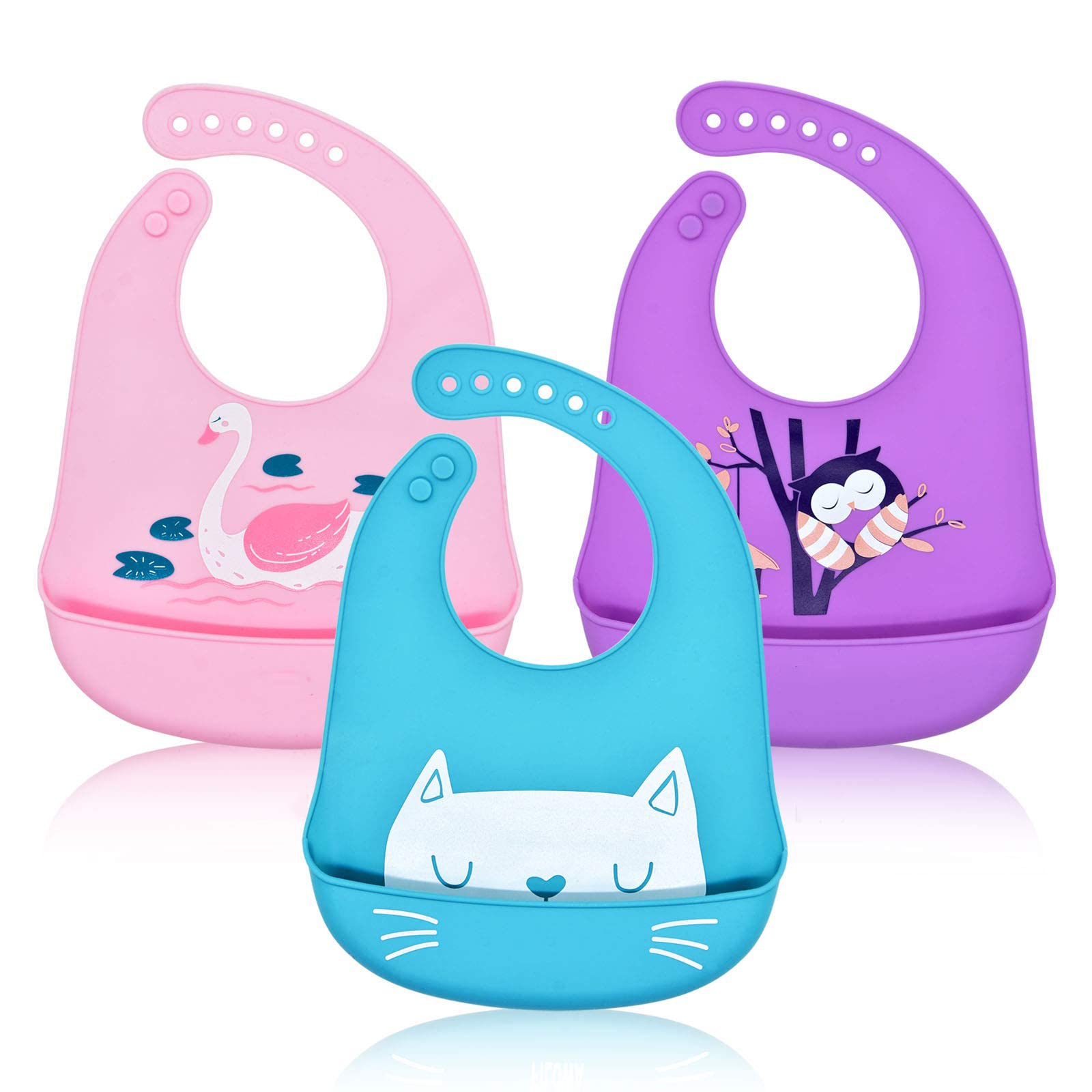 FILOWA Baby Bibs Silicone Feeding Bibs Babies Weaning Waterproof Wide Food Crumb Catcher Pocket Toddlers Unisex Kids Soft Easily Wipe Clean Animal Design Machine Washable No-Mess Food Grade, 3 Pieces