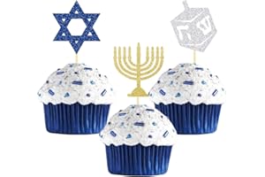 MOITKPTT 24Pcs Hanukkah Cupcake Toppers, Glitter Star of David Candlestick Hexagram Chanukkah Cupcake Toppers for Hanukkah Party Decorations Supplies(A)