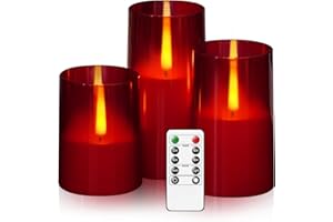 kakoya Flameless Candles Upgraded Realistic Flickering Flame,Battery Operated LED Candles with Remote Timers,Acrylic Electric Candles Set of 3(D 3" xH 4" 5" 6")（Red）