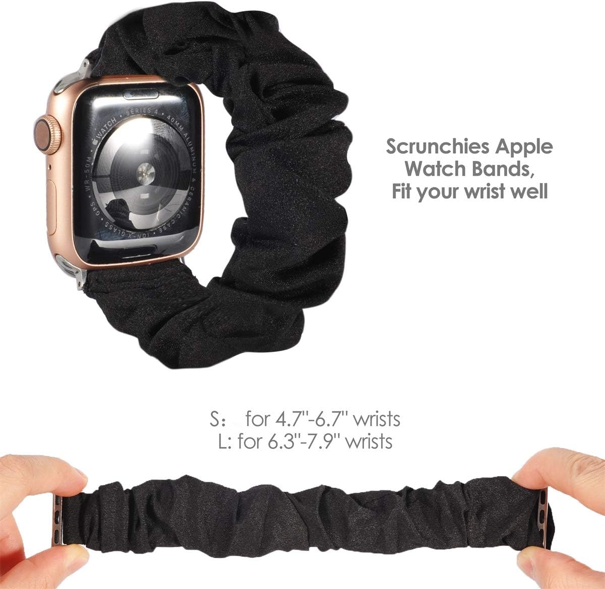 TOYOUTHS Compatible with Apple Watch Band Scrunchies 38mm Cloth Soft Pattern Printed Fabric Bracelet Women Rose Gold IWatch Cute Elastic Scrunchy Bands 40mm Series SE 6 5 4 3 2 1(Black S)