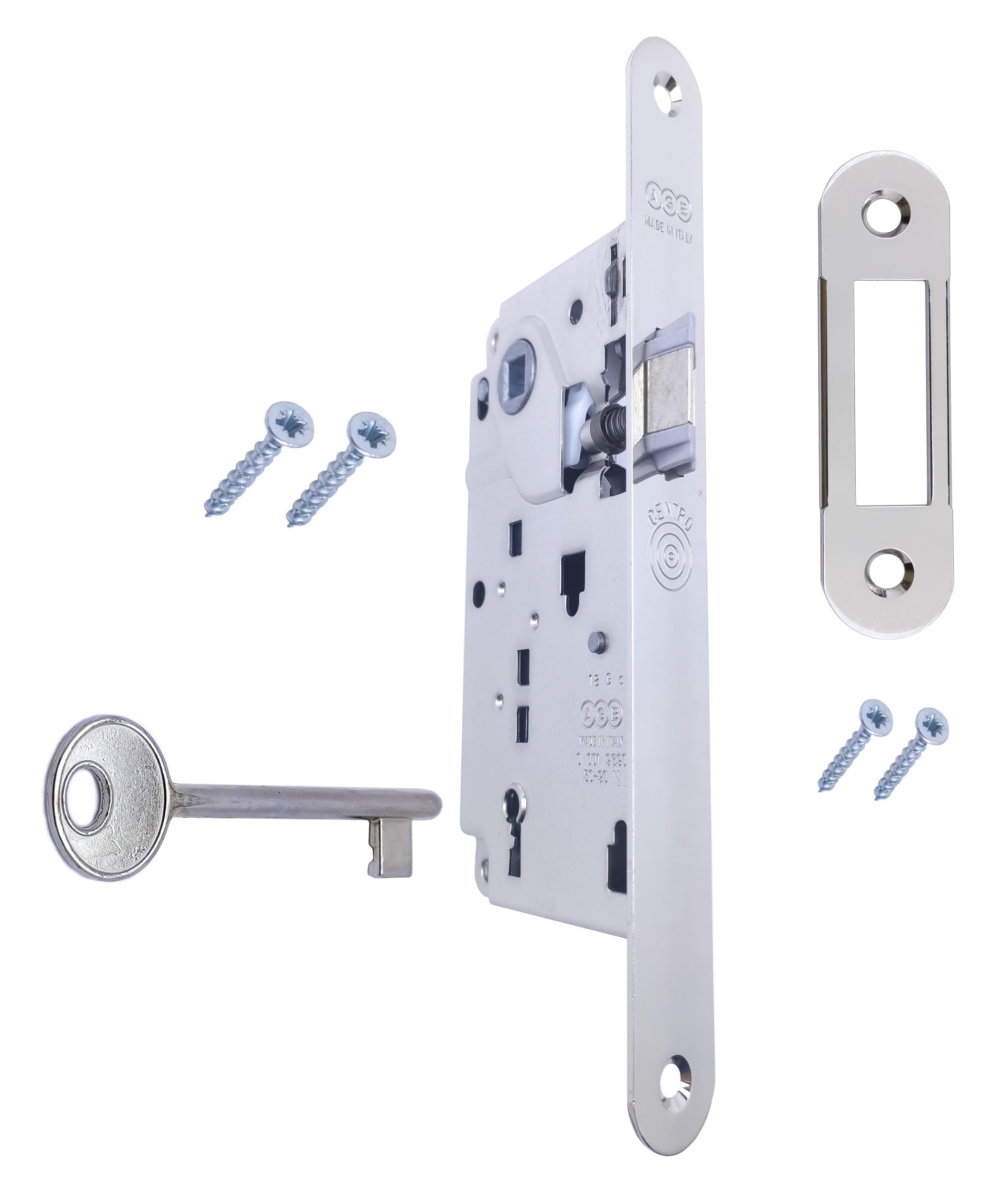 AGB Centro Series Internal Door Lock. Entrance 50, Wheelbase 90 (Front 18 x 196, Key Latch, Glossy Nickel-Plated)