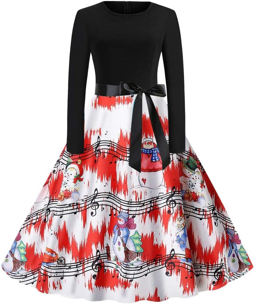 NEEDRA Women's Retro O Neck Butterfly Musical Note Printed Evening Dress