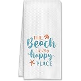 HUGANE Beach Kitchen Towels, Beach Gifts for Women, Gifts for a Beach Lover Hand Towels, The Beach is My Happy Place Decorative Dish Tea Towels, Beach Kitchen Bathroom Decor, 16x24 Inch