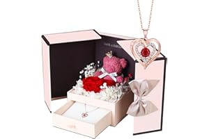 ANISH Preserved Rose Moss Bear Gifts Set with 100 I Love You Necklace for Mom Wife Girlfriend Mothers Day Christmas Valentines Day Anniversary Romantic Gifts for Her