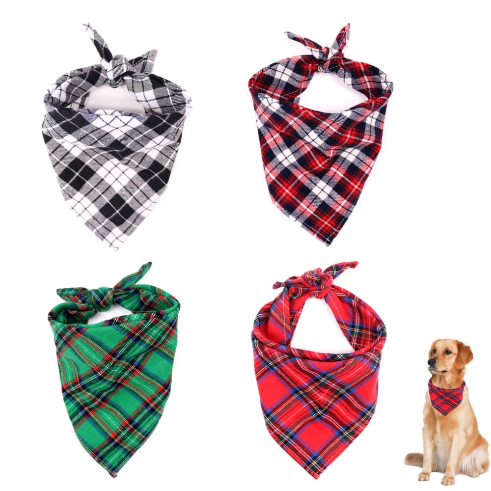 4 Pcs Dog Bandana Plaid Bibs Scarf Soft Dog Bandanas Classic Plaid Washable Reversible Adjustable Triangle Dog Scarf Bow Ties for Pets and Cats