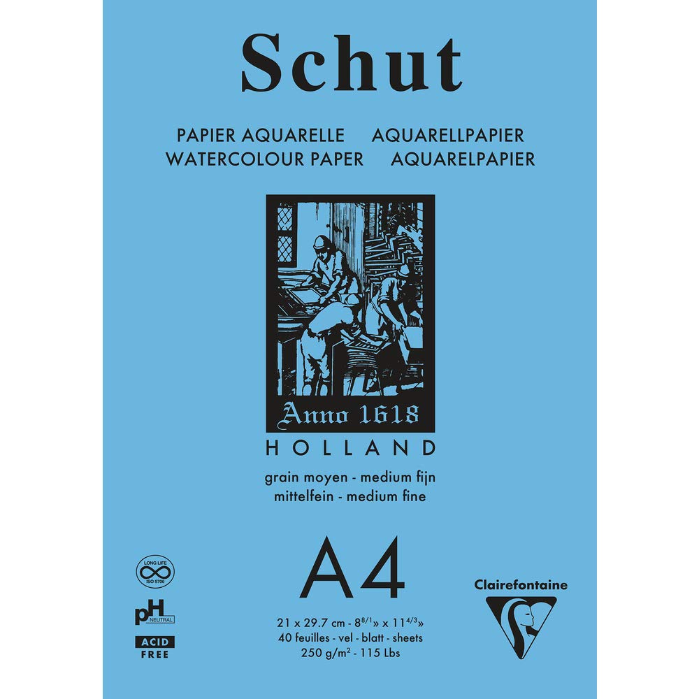 Clairefontaine SCH11854C - One glued pad of natural white fine grain watercolour drawing paper, 40 sheets, Size: 21 x 29.7 cm, 250 gsm (medium-fine grain)