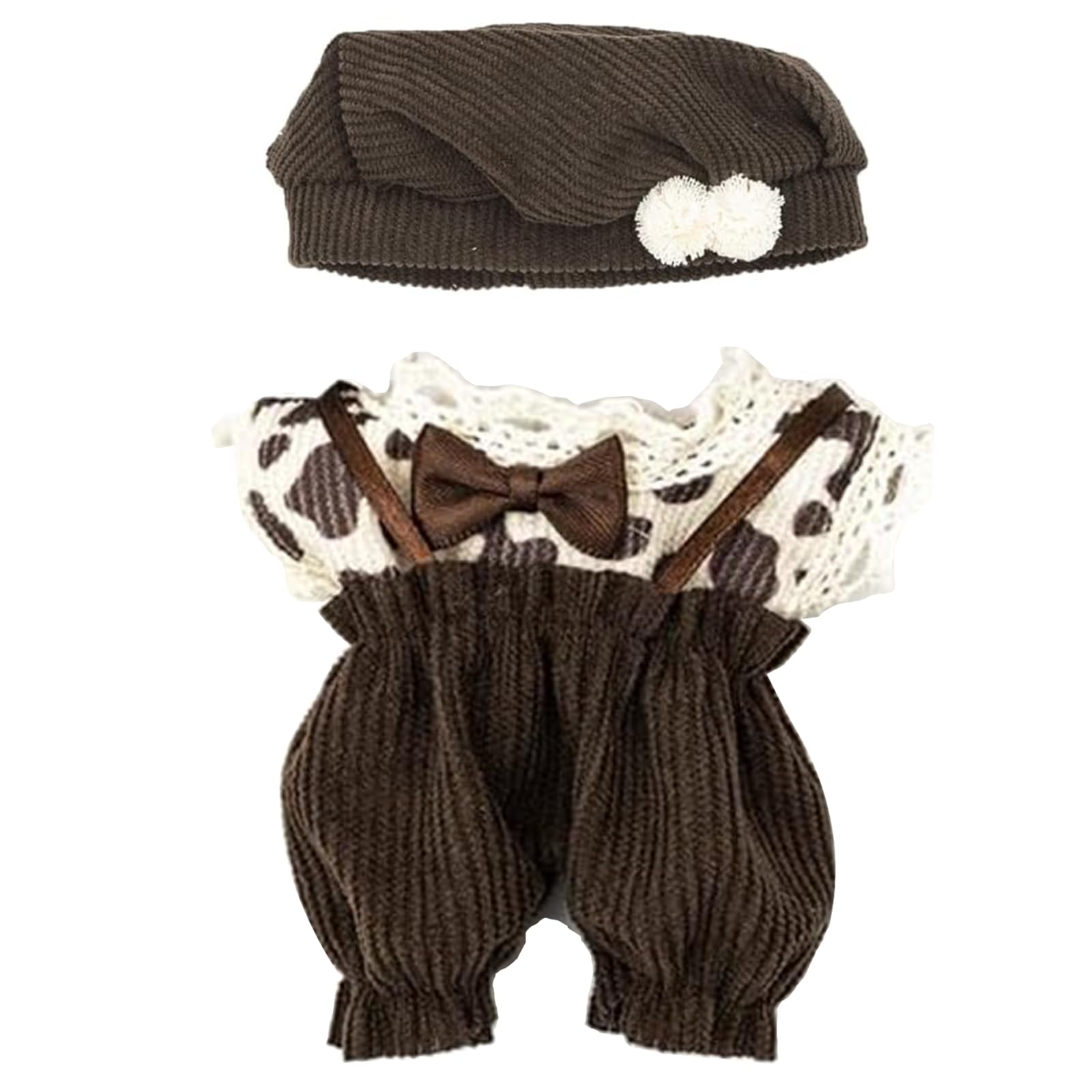 A.S.Marelis 17cm Doll Clothes Set, Chic Overalls & Hat Outfit for 17cm Plush Dolls, Accessory Suit for 1/2/3 Generation Dolls (Brown)