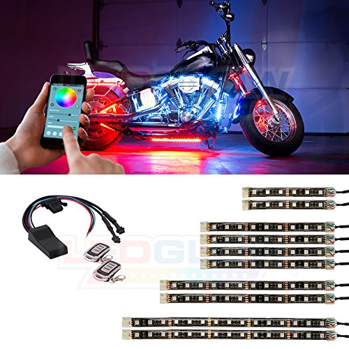 LEDGlow 10pc Advanced Million Color LED Flexible Motorcycle Lighting Strip Kit - Bluetooth-Connected Smartphone App - 102 LEDs - Waterproof Control Box - Dual Zone Control - 2 Wireless Remotes