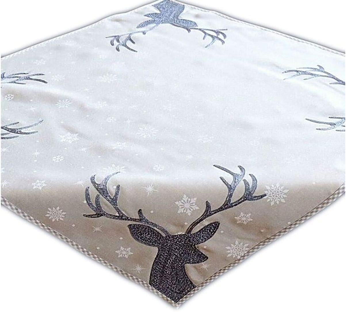 Raebel Tablecloth 110 x 110 cm Grey / Light Grey / White / Ice Blue / Silver Embroidery Deer Christmas, Christmas Table Decoration, Centre Tablecloth Table Decoration