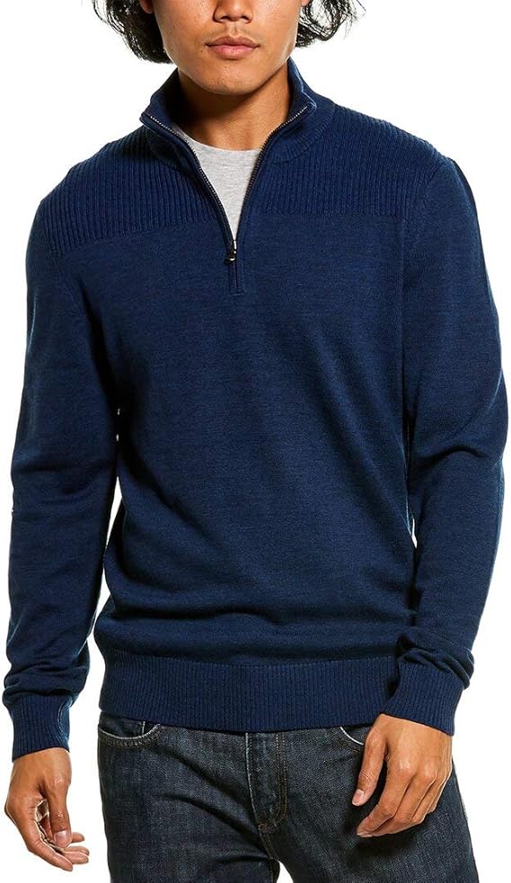 Amicale Cashmere Mens Ribbed Wool 1/4Zip Mock Sweater, M