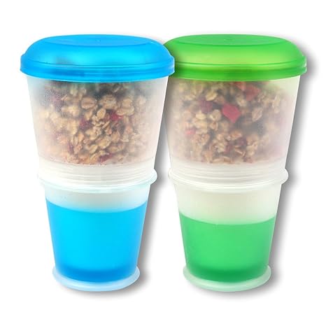 Schramm® 2er Pack Joghurtbecher to go Müsli-to-Go Müslibecher mit integriertem Kühlfach und Löffel Müslischale Joghurt Becher