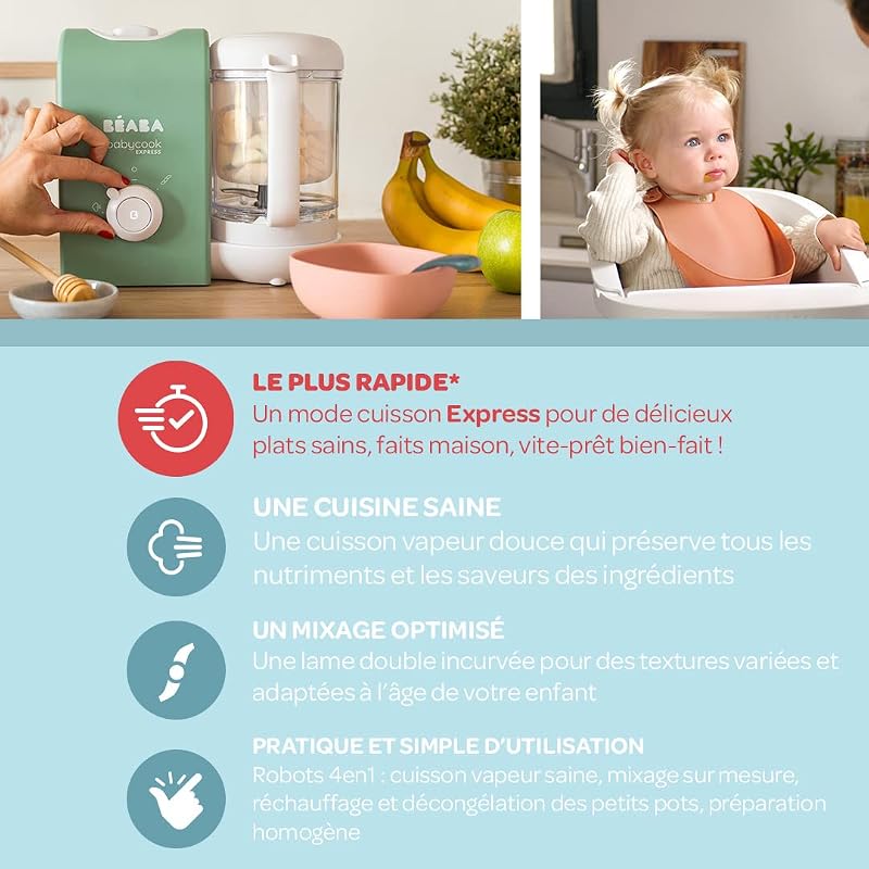 BEABA, Babycook Express, Robot Bébé 4 en 1 Mixeur-Cuiseur, Cuisson Express 15min, Mixage sur-mesure, Cuisson Vapeur Douce et Saine, Décongélation, Texture Homogène, Capacité 1 250 ml, Vert Sauge