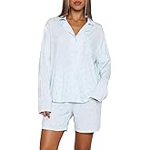 RUEWEY Women 2 Piece Pajamas Set Button up Long Sleeves Shirt and Elastic Shorts Set Loungewear Soft Sleepwear