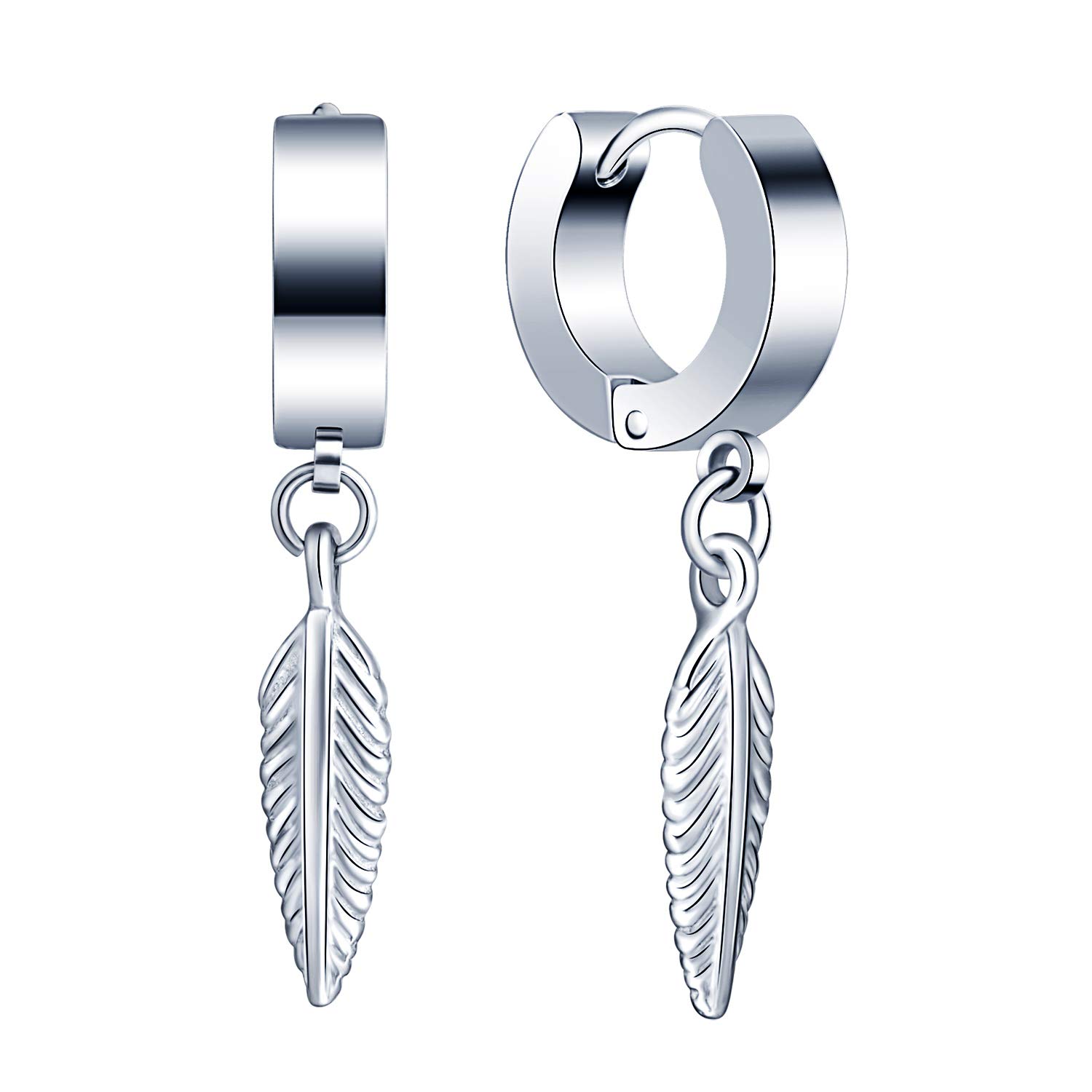 Feilok Men's Womens Vintage Stainless Steel Leaf Dangle Hinged Hoop Earrings